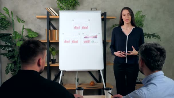 Zelfverzekerde vrouw coach trainer praten onderwijst top managers bedrijf medewerkers — Stockvideo