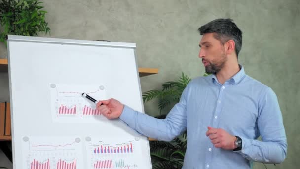 Man tanár pont marker diagram flip chart talk tanítja a diákok online — Stock videók