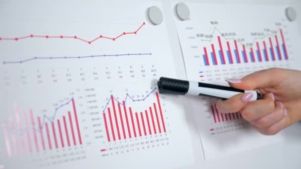 Close up woman hand marker shows points to diagram on flip chart whiteboard — 비디오