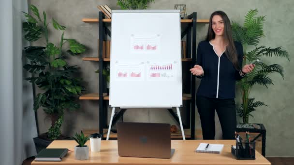 Woman teacher stands near flip chart greets talk listen student remote videocall — 비디오