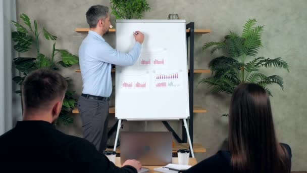 Podnikatel demonstruje obchodní plán top manažerů společnosti, píše tabuli — Stock video