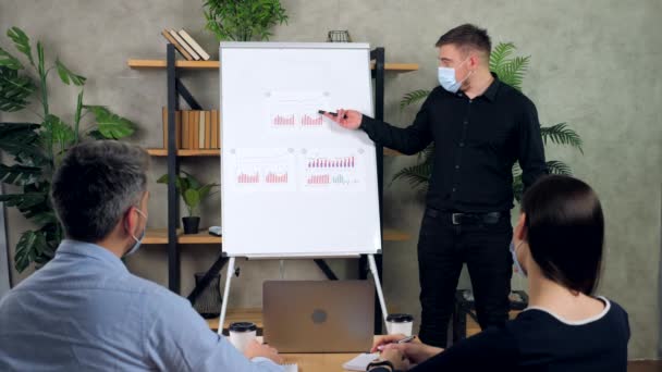 Manager-Talk stellt Businessplan-Inhaber vor, zeigt Markierungsdiagramm auf Flipchart — Stockvideo