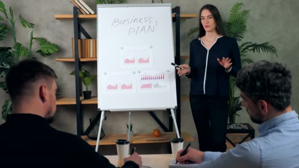 Man listen CEO looks presentation strategy plan on flip chart, write in notebook — Stock Video