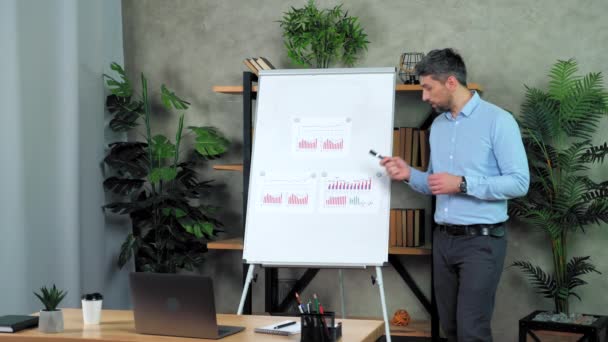 Тренер по бизнесу показывает маркер диаграммы говорить учит студентов онлайн видео-звонок — стоковое видео