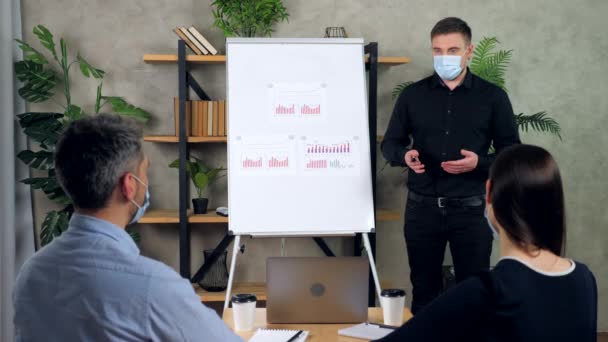 Proprietari di uomini e donne in maschera medica protettiva applaudono leader uomo imbarazzato — Video Stock