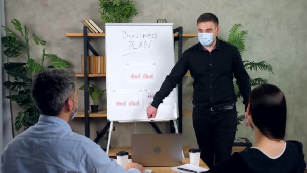 Uomo e donna in maschera medica protettiva, distanza sociale in ufficio — Video Stock