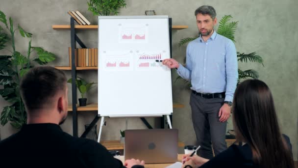 Man business coach tanít alkalmazottak pénzügyi műveltség, pont marker diagramok — Stock videók