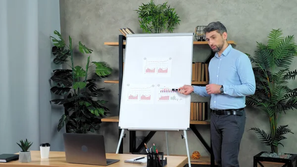 Тренер по бизнесу показывает маркер диаграммы говорить учит студентов онлайн видео-звонок — стоковое фото