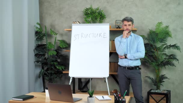 Thoughtful man business coach stands near whiteboard looking camera listens — Stock Video