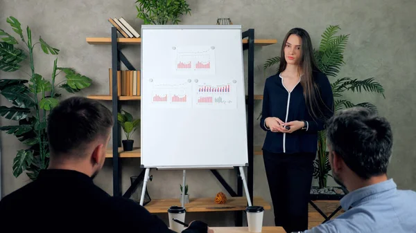 Γυναίκα προπονητής επιχειρήσεων στέκεται κοντά whiteboard διδάσκει ακούει τους υπαλλήλους διαχειριστή — Φωτογραφία Αρχείου