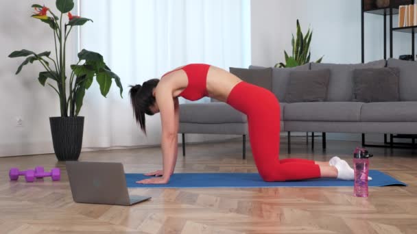 Formda bir kadın yoga ya da spor paspası üzerinde ısınma egzersizi yapıyor. — Stok video