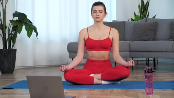 Mujer joven y deportiva tranquila en ropa deportiva practica yoga en casa en la sala de estar — Vídeo de stock