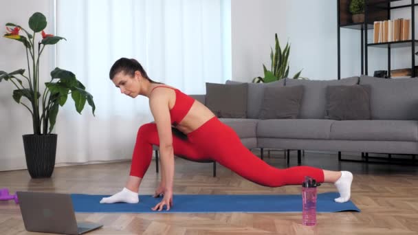 Fit vrouw kijken online sport webinar laptop, doen warming-up stretching training — Stockvideo