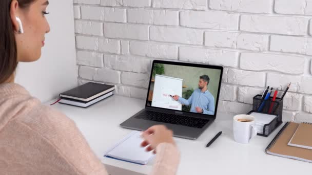 Zakenvrouw luisteren zakelijke rapporten online video oproep laptop, drinkt koffie — Stockvideo