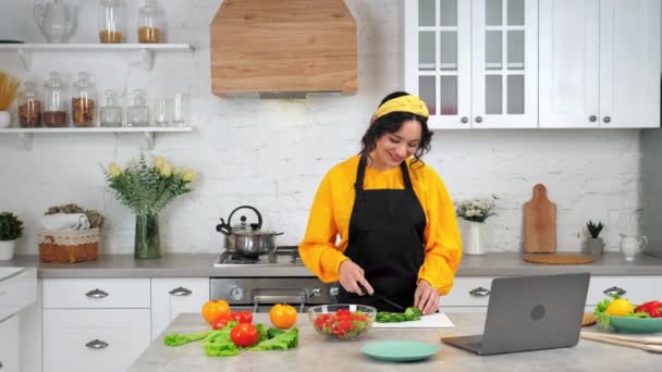 Mujer rebanadas de pepino dice escuchar estudio de chef en línea videollamada webcam portátil — Vídeos de Stock