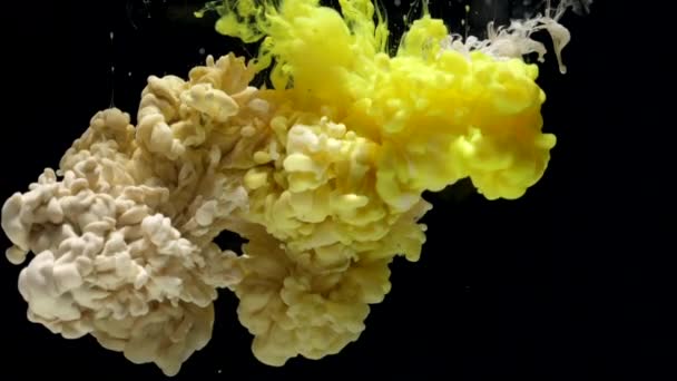 Ink in water. Slow motion grey and yellow ink acrylic drops in water and mixes — Vídeo de Stock