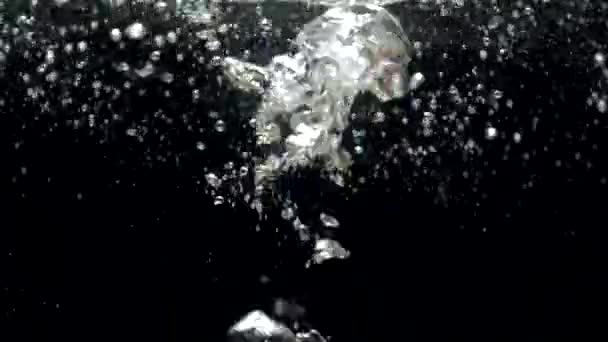 Медленное движение пузырьков воздуха в воде, поднимающихся на поверхность на черном фоне — стоковое видео