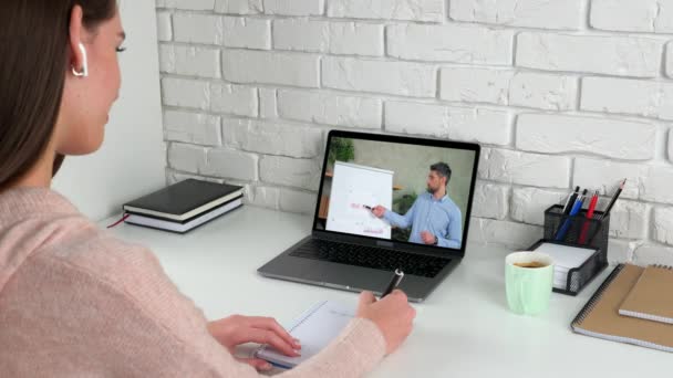 Nő tanulmány online video hívás webkamera laptop, írja notebook hallgatni tanár — Stock videók