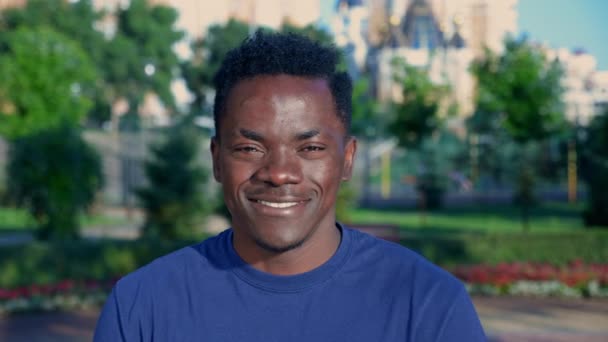 Крупним планом усміхнений афроамериканський чоловік дивиться камеру на фоні парку влітку — стокове відео