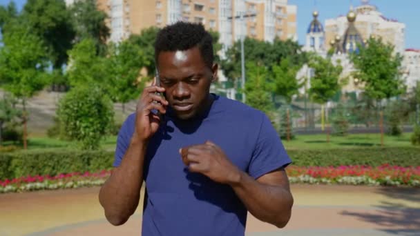 Retrato enojado hombre afroamericano de pie en el parque hablando por teléfono móvil — Vídeos de Stock