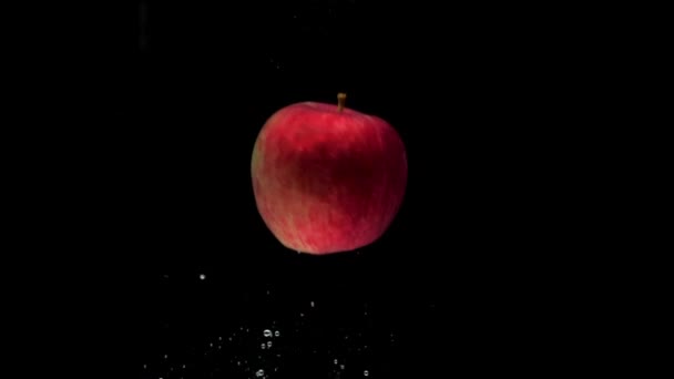 Slow motion one red apple falling into transparent water on black background — Stok Video