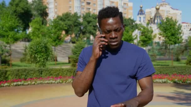 Portret boze Afro-Amerikaanse man staat in het park te praten op mobiele telefoon — Stockvideo