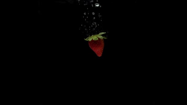 Slow motion una fragola che cade in acqua trasparente su fondo nero — Video Stock