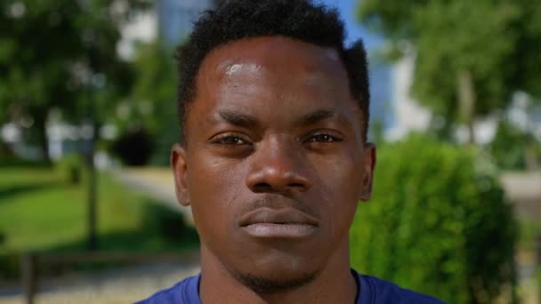 Närbild ansikte säker afro-amerikansk man student står i parken ser kamera — Stockvideo