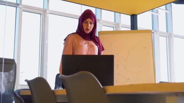 Remote online video conference dan e-learning selama Covid-19 lockdown. Modern bisnis atau guru muslim wanita menunjuk ke papan tulis dan jarak jauh menjelaskan matematika untuk siswa — Stok Video