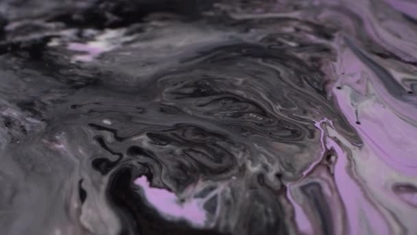 Purple, glitter silver, black and shiny white ink mix macro. Liquid marble pattern. Abstract background — стоковое видео