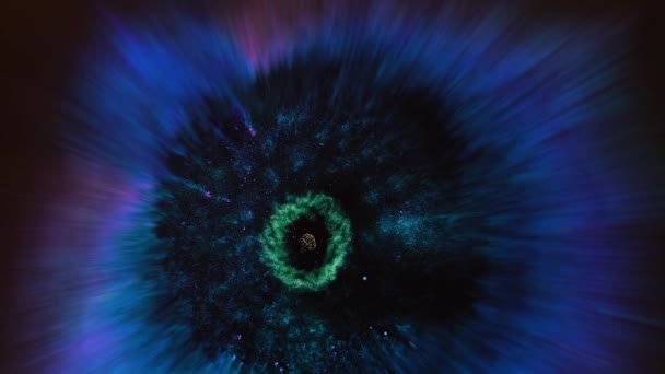 L'Universo, un ammasso di galassie, un fascio di luce nello spazio. Luminosità astratta al neon e raggi di luce sfocati intorno al centro del cerchio. Animazione viola blu e verde — Video Stock