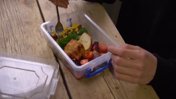 Ofisteki bir konteynırda ev yapımı iş yemeği. Yeniden Kullanılabilir Plastik beslenme çantası — Stok video