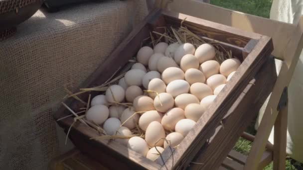 Des œufs de ferme faits maison biologiques sont vendus au marché fermier local en plein air. Petite entreprise agricole familiale de poulet — Video