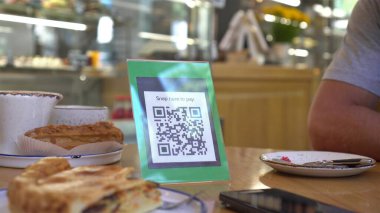 QR Code Payment using a smartphone. Mobile payments for service or product using QR code scanning app. Touchless digital payment option for businesses clipart