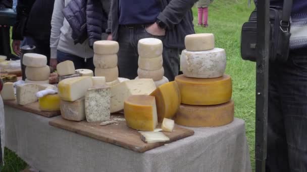 新鮮で熟成したヤギチーズのファーマーズマーケットで農家が販売しています。ヤギのチーズと地元産の食品。持続可能な農業、酪農 — ストック動画
