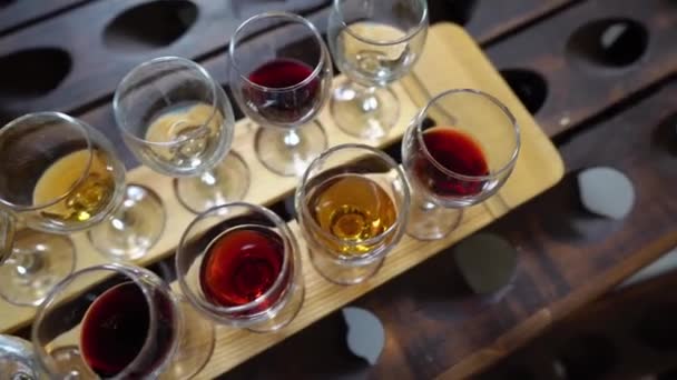 Proben von Weiß-, Rosa- und Rotwein in Gläsern auf einem Holztablett. Viele Gläser mit verschiedenen Weinen. Weinverkostung — Stockvideo