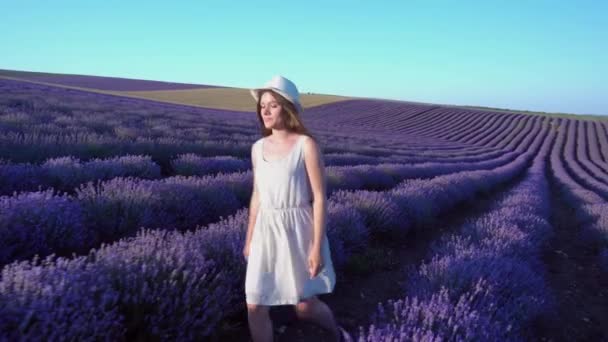 A beautiful young girl walks through a blooming lavender field. Summer blooming, a trip to Provence France Europe — 图库视频影像