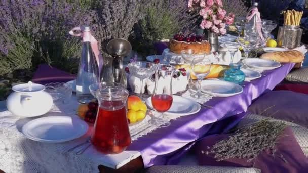 Romantic picnic table setting on the lavender field, purple cloth and pillows. Fresh food, wine, fruits and cupcakes. Outdoor relaxing concept, fresh air eating — Stok video