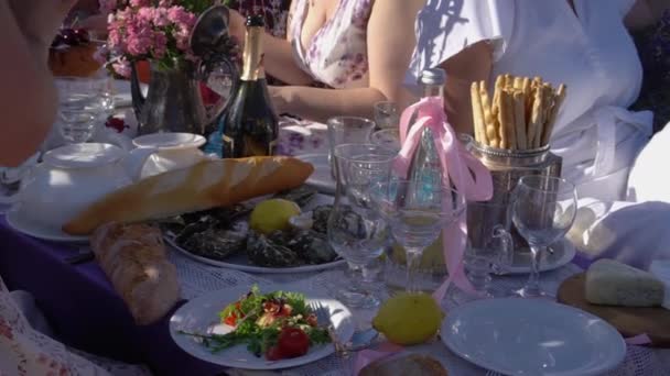 Kvinnors fest på lavendelfältet. Vackra damer i klänningar. Utomhus picknick med vin ostron frukt cupcakes. Romantisk semester på sommardagen. Provence Frankrike Europa — Stockvideo