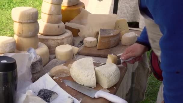농부는 신선하고 연로 한 염소 치이 즈 를 파는 농부 시장에서 물건을 판다. 염소 치즈와 지역에서 생산 된 음식이었습니다. 전문적 인 시식 치즈 샘플 이 있는 전통 치즈 시장 — 비디오