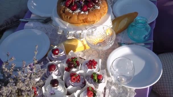 Een lavendeltoer. Romantische picknicktafel op het lavendelveld, paarse doek en kussens — Stockvideo