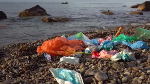 Ikan mati tersangkut di Facemask. Dibuang secara tidak benar PPE membunuh kehidupan laut. Pencemaran laut limbah medis. Dibuang satu penggunaan topeng plastik dan sarung tangan di pantai laut — Stok Video