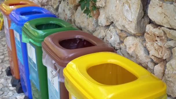 Contenitori colorati per plastica, metallo, carta, vetro, organico. Separare e riciclare la raccolta dei rifiuti. Materiali riciclabili. Zero sprechi. Smistamento della spazzatura per frazioni — Video Stock