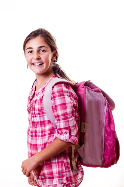 Leende liten flicka med ryggsäck — Stockfoto
