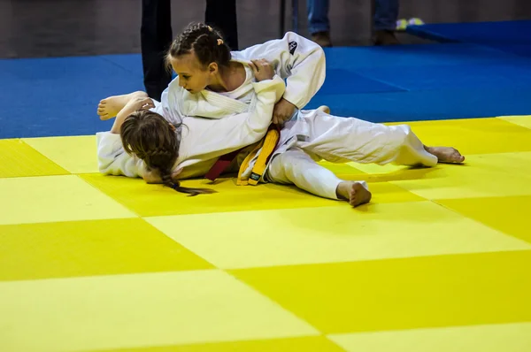 Orenburg, Rusia - 16 de abril de 2016: Las niñas compiten en Judo — Foto de Stock