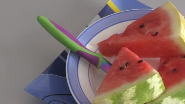 Ripe watermelon is served for dessert — Stock Video
