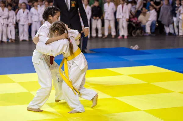 Orenburg, Rusia - 16 de abril de 2016: Las niñas compiten en Judo — Foto de Stock