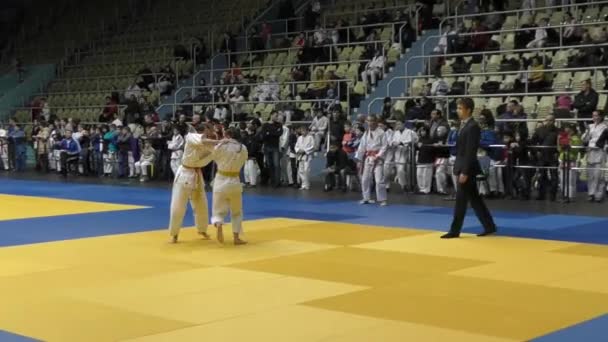 Orenburg, Rusia - 5 de febrero de 2016: Las niñas compiten en judo — Vídeo de stock