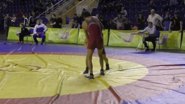Orenburg, Federacja Rosyjska - 28 stycznia 2016: chłopcy konkurować w freestyle wrestlingu — Wideo stockowe
