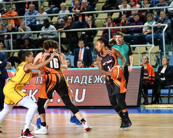 Orenburg, Russia - November 24, 2019: Girls play basketball in the Russian championship match between the basketball clubs "Hope" (Orenburg) and "UMMC" (Ekaterinburg) 